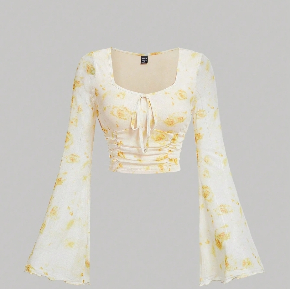 SHEIN Yellow Floral Bell Sleeve Blouse